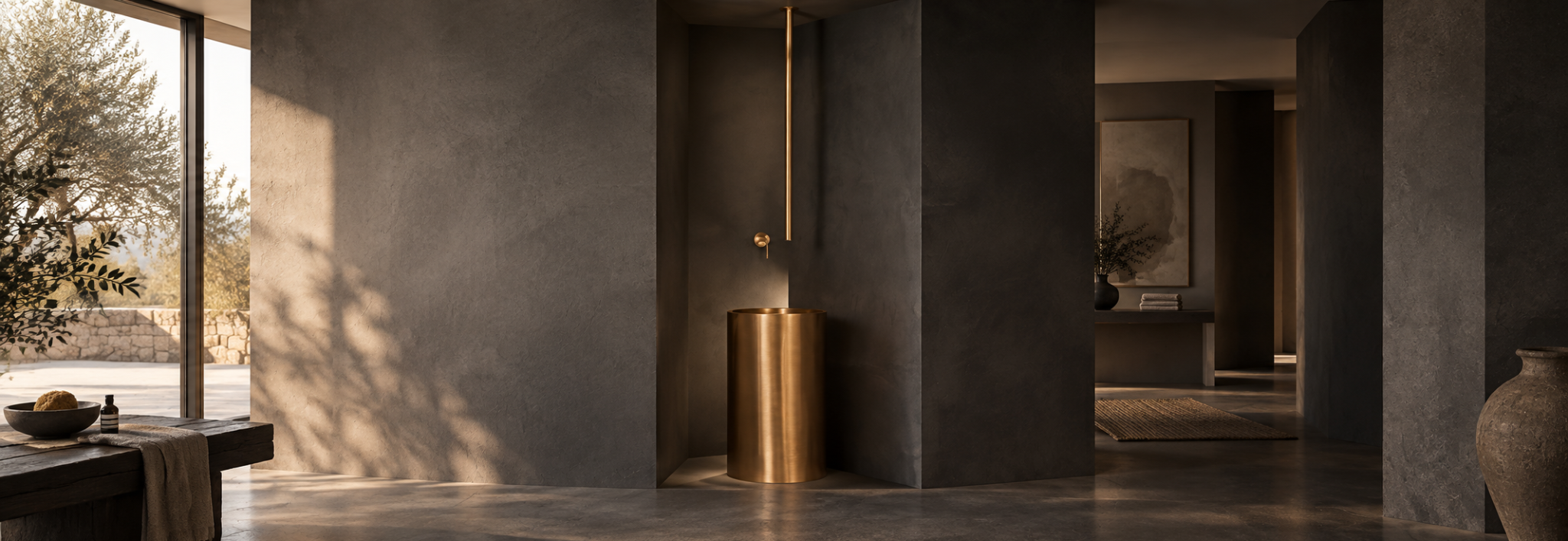Brass basin in a dark stone bathroom