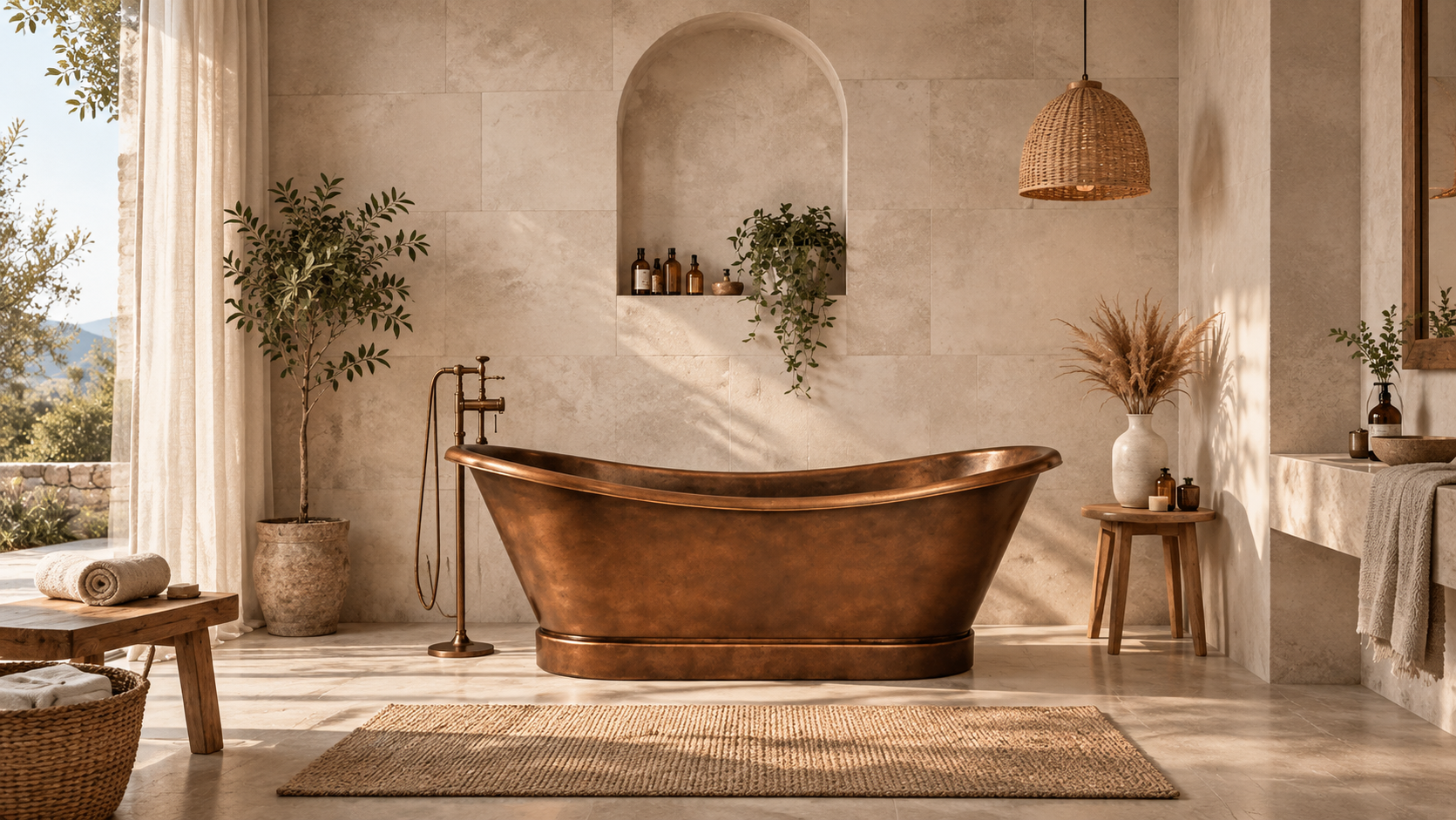Copper-brass bathtub in a sunlit interior